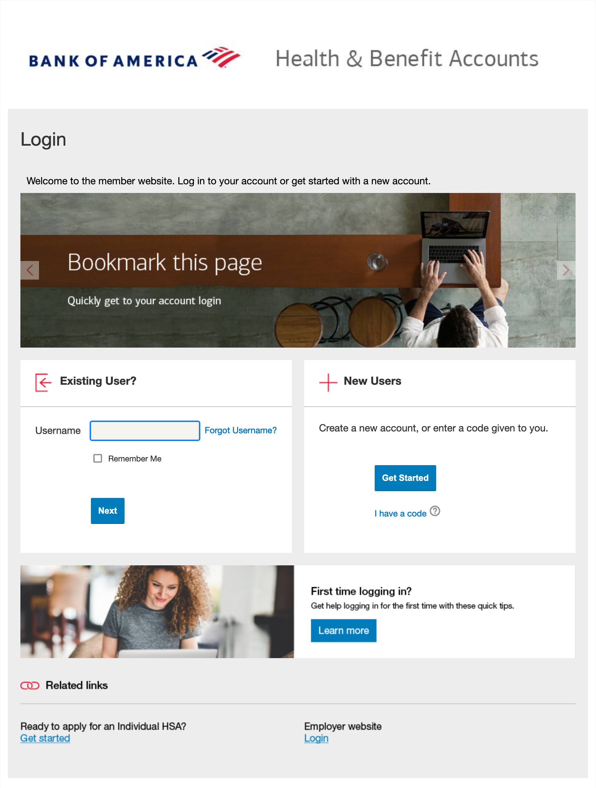 This image shows the desktop view of the member website login page. The page shows the option to log in as an existing user, and the option to use the new user portal where you can create a new account or enter a code given to you.