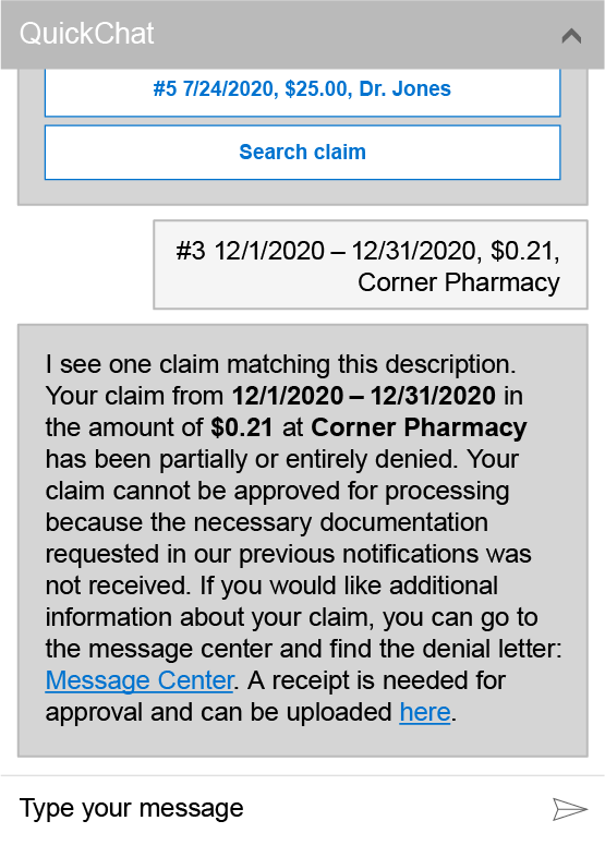 QuickChat window showing that the third option, 3 12/2/2020 – 12/31/2020, $0.21, Corner Pharmacy was chosen. The response below reads I see one claim matching this description. Your claim from 12/1/2020 – 12/31/2020 in the amount of $0.21 at Corner Pharmacy has been partially or entirely denied. Your claim cannot be approved for processing because the necessary documentation requested in our previous notifications was not received. If you would like additional information about your claim, you can go to the message center and find the denial letter: Message Center. A receipt is needed for approval and can be uploaded here. An input area at the bottom of the window shows Type your message.