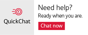 Screenshot of QuickChat web banner showing a clock icon on the left with the title QuickChat and text on the right that reads Need help? Ready when you are. Below that is a red button that reads Chat now.